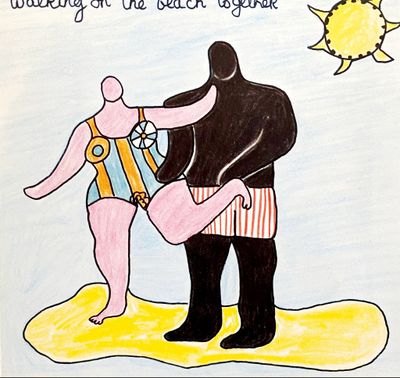 dessin représentant un homme et une femme sur une plage, avec le soleil en arrière-plan