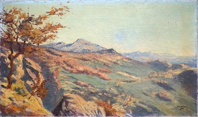 an image of a painting of a mountain scene with a tree in the foreground