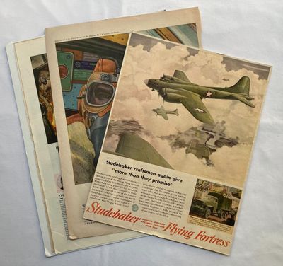 Deux anciennes publicités pour des avions sont affichées sur une feuille blanche