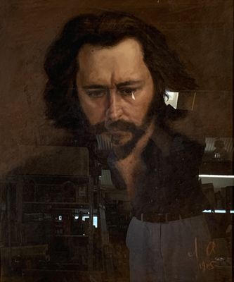 painting of a man with a beard and glasses looking at a cell phone