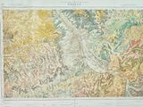 une vieille carte représentant une vaste étendue de terre sur laquelle figure un oiseau