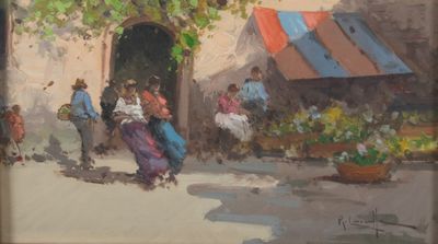 une peinture à l'huile représentant un groupe de personnes marchant dans une rue