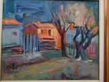 a painting of a building and a tree in a painting