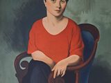 painting of a woman sitting in a chair with her legs crossed