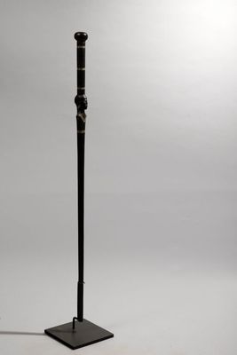 a black floor lamp with a black base and a white background