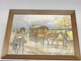 tableau représentant une calèche avec des personnes et une calèche