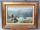 an oil painting of a boat on a river with a windmill in the background