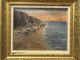 une peinture à l'huile représentant une scène de plage avec des personnes marchant sur le sable