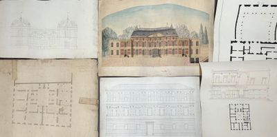 de nombreux dessins représentant un bâtiment posé sur une table