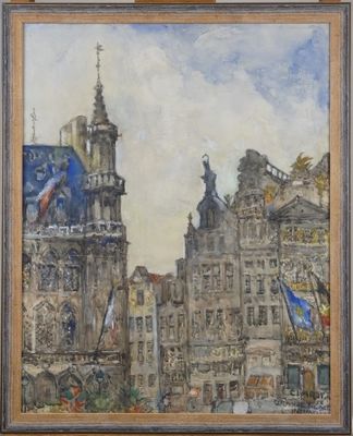 an image of a painting of a city with a clock tower in the background