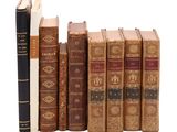 plusieurs vieux livres sont alignés sur une surface blanche