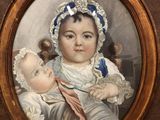 un tableau représentant une jeune fille tenant un bébé dans ses bras