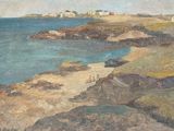 tableau représentant une vue de plage avec des rochers et de l'eau