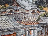 a picture of a painting of a building in the woods