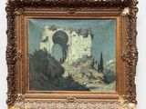 an image of a painting on a wall with a painting of a castle in the background