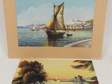 two paintings of boats on the water with a city in the background