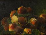 painting of a bunch of peaches in a basket on a table
