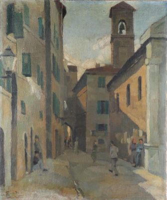 tableau représentant une scène de rue avec une tour horloge au loin