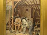 a picture of a painting of horses in a barn