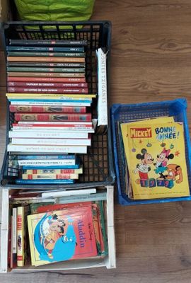 de nombreux livres pour enfants dans les bacs posés par terre