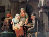 a painting of a family gathering in a living room