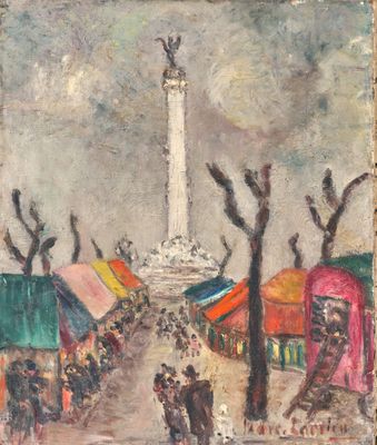 une image représentant une peinture d'une scène de rue avec un monument en arrière-plan