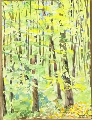a painting of a painting of a forest with trees