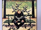 a picture of a man sitting on a bench surrounded by pigeons