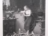 black and white photograph of a woman feeding pigeons in a kitchen
