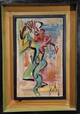 an oil painting of a woman in a green dress holding a guitar