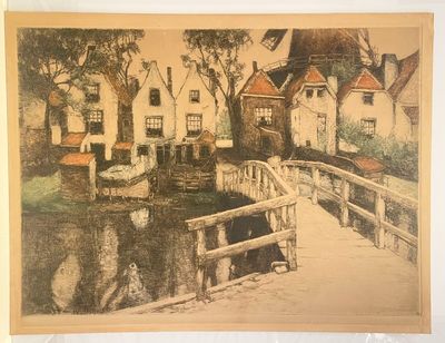 a picture of a painting of a bridge over a river