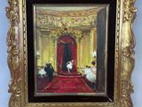 une peinture à l'huile représentant une pièce avec un tapis rouge et un cadre doré