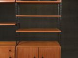 a wooden bookcase with two drawers and two shelves