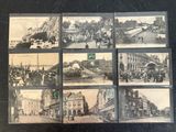 several old black and white photographs of people and buildings