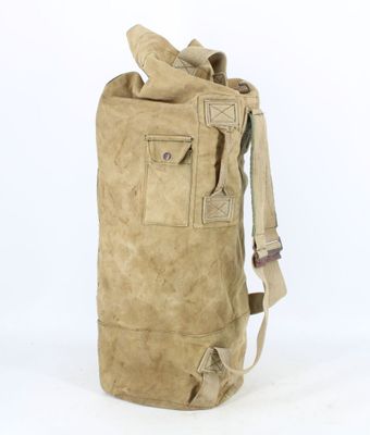 the back of a tan bag with a handle and a strap