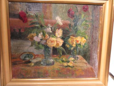 a painting of flowers in a vase on a table
