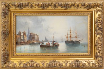 une image représentant une peinture d'une scène portuaire avec des bateaux sur l'eau