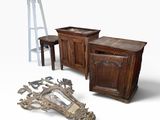 several pieces of furniture including a table, chair, and stool