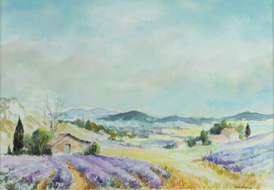 Francine SOUTEYRAND (1929-2017). Les lavandes. Crayon et aqu…