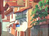 painting of a painting of a street scene with buildings and trees