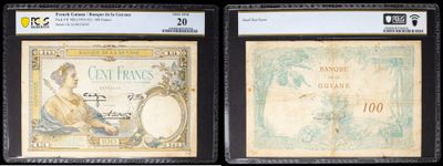 two old french bank notes are on display in a display case