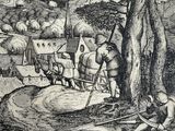 a black and white drawing of a man with a horse and cart
