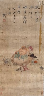 une image représentant un tableau où l'on voit un homme assis par terre avec un oiseau