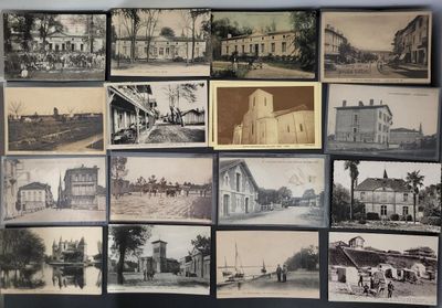 many pictures of old buildings on display on the wall