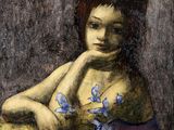 un tableau représentant une femme assise à une table avec des fleurs bleues
