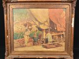 an old painting of a man and two children on a boat