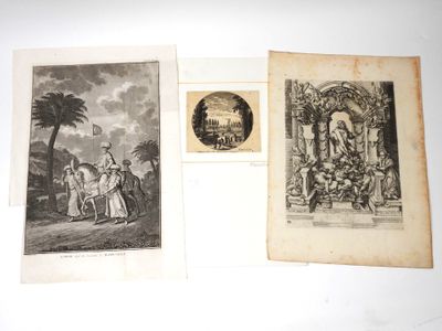 three antique engravings of people and animals in a landscape