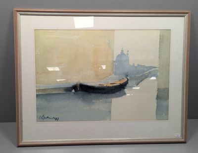 aquarelle encadrée représentant un bateau sur une rivière, avec un bâtiment en arrière-plan