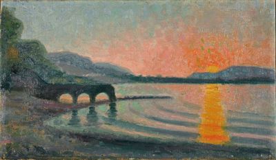 tableau représentant un coucher de soleil sur un plan d'eau, avec un pont au premier plan