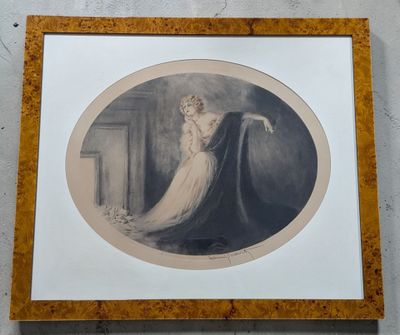 an old picture of a woman in a white dress is hanging on a wall